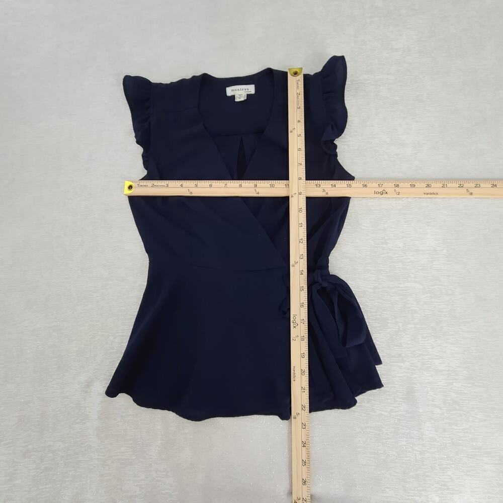 Monteau ladies ruffle cap sleeve faux wrap peplum top blue Size Small office - Picture 4 of 7